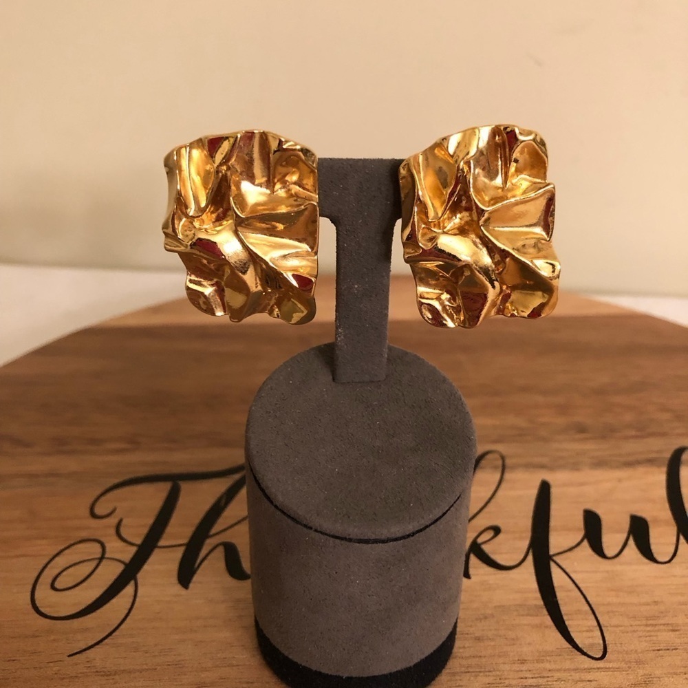 Brutalist Modernist Crushed Gold-tone Pierced Earrings Glam